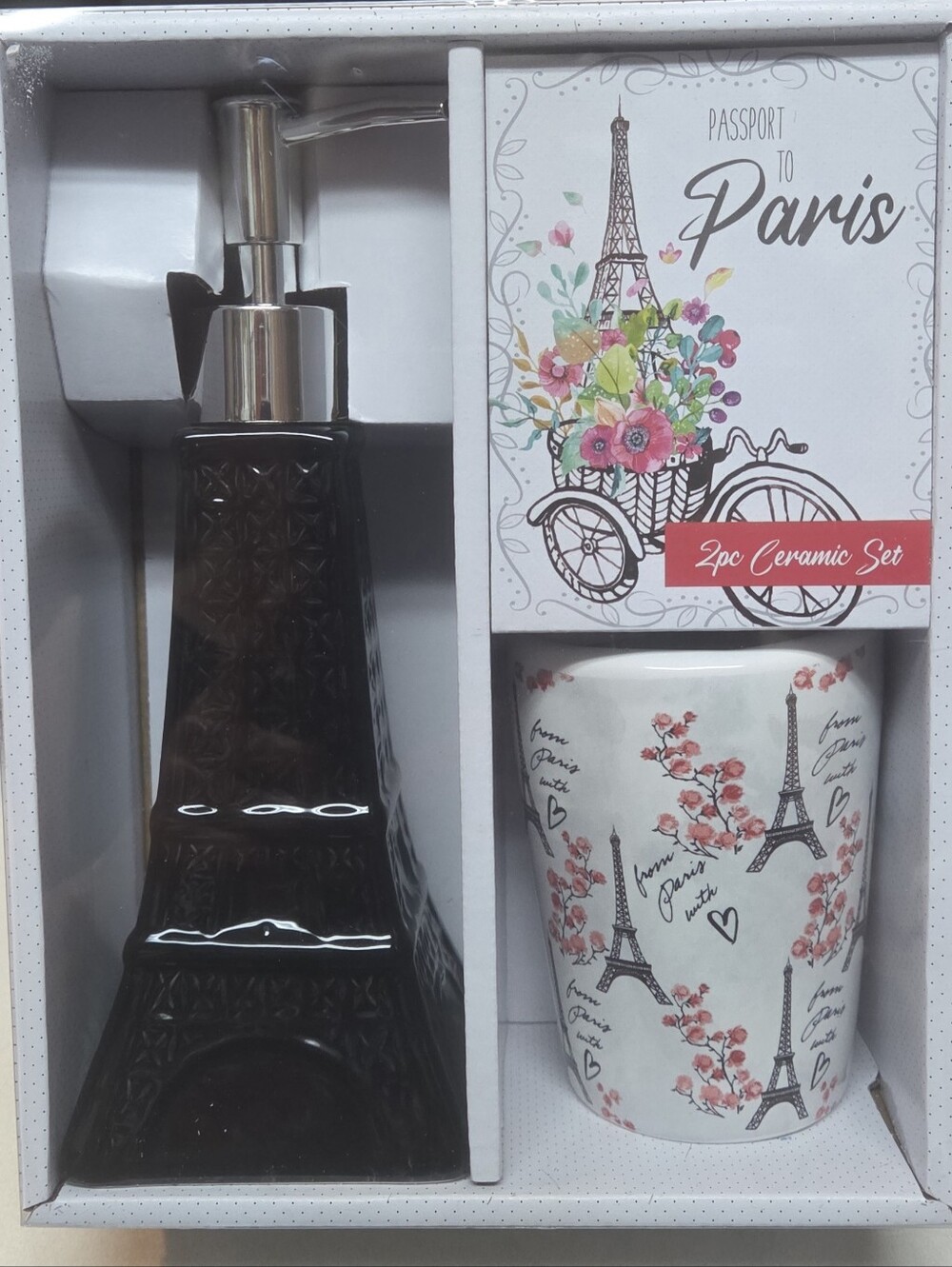 New 2pc Ceramic Paris Set Lotion/Soap Pump & Toothbrush Holder